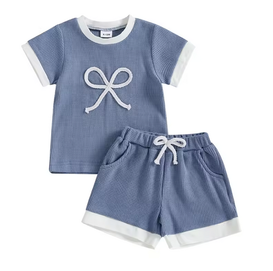 Blue Waffle Knit Bow Short Set